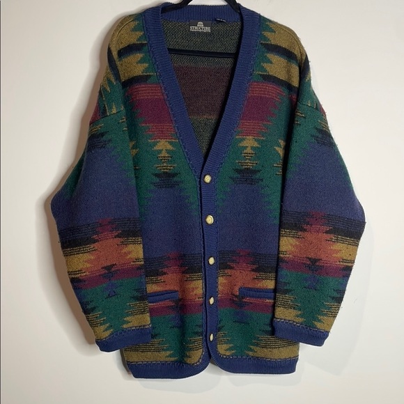 Vintage Structure | Men’s Southwestern Print 100% Wool Longline Cardigan Size L - Picture 1 of 5